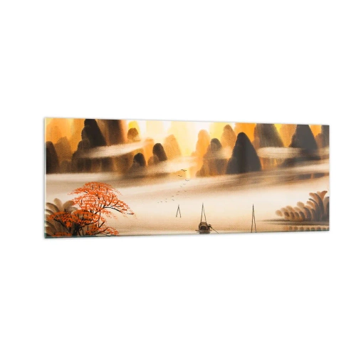 Quadro su vetro - Un paesaggio orientale con un fiume, montagne e una leggera nebbia. - 140x50cm - Oltre l'Estremo Oriente - Decorazione murale moderna per soggiorno e camera da letto ARTTOR