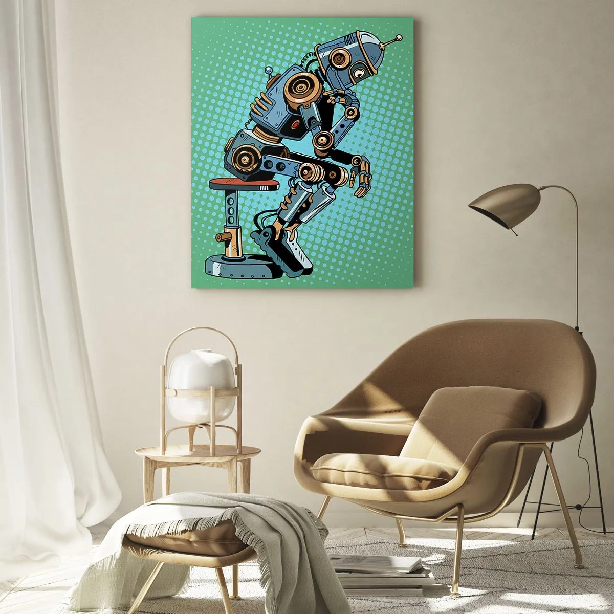 Quadro su vetro - Robot pensatore in stile pop art su sfondo verde - 70x100cm - Sull'essenza dell'essere - Decorazione murale moderna per soggiorno e camera da letto ARTTOR