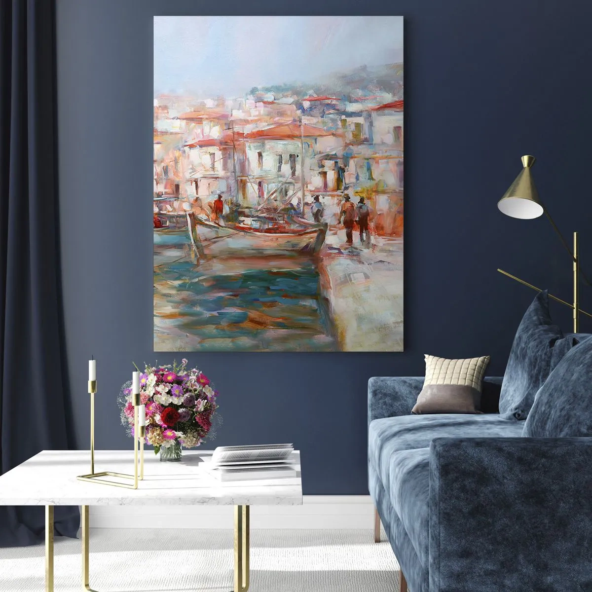 Quadro su vetro - Impressione del porto con barche ed edifici - 70x100cm - Vacanze in pastello - Decorazione murale moderna per soggiorno e camera da letto ARTTOR