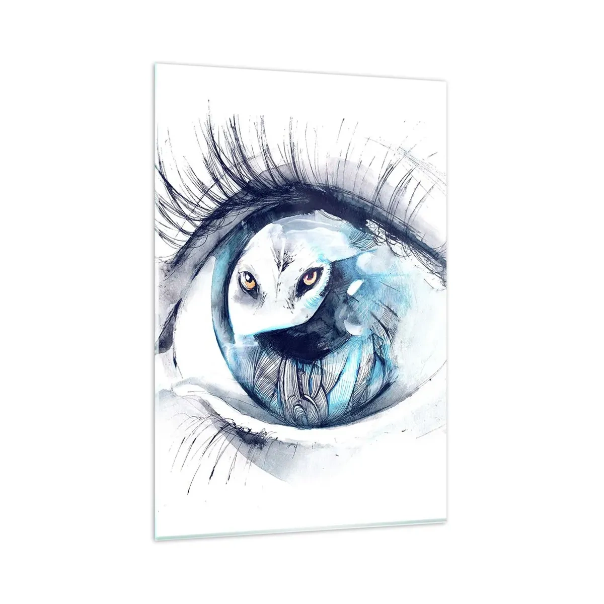 Quadro su vetro - Un occhio con l'immagine di un gufo in tonalità di blu acquerellate - 80x120cm - Faccia a faccia con la natura selvaggia - Decorazione murale moderna per soggiorno e camera da letto ARTTOR