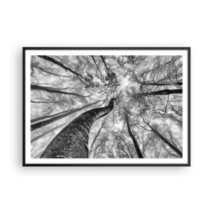 Poster in cornice nera - Prospettiva degli alberi in una foresta visti dal basso in tonalità di grigio - 100x70cm - La corsa verso la luce - Decorazione murale moderna per soggiorno e camera da letto ARTTOR