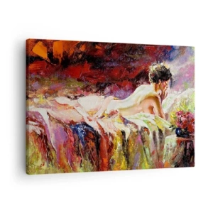 Quadro su tela - Stampe su Tela - Una donna sdraiata su un letto su uno sfondo di colori astratti. - 70x50cm - Venere pensierosa - Decorazione murale moderna per soggiorno e camera da letto ARTTOR