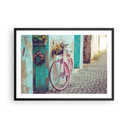 Poster in cornice nera - Una bicicletta rosa vicino a una porta turchese - 70x50cm - Torno subito - Decorazione murale moderna per soggiorno e camera da letto ARTTOR