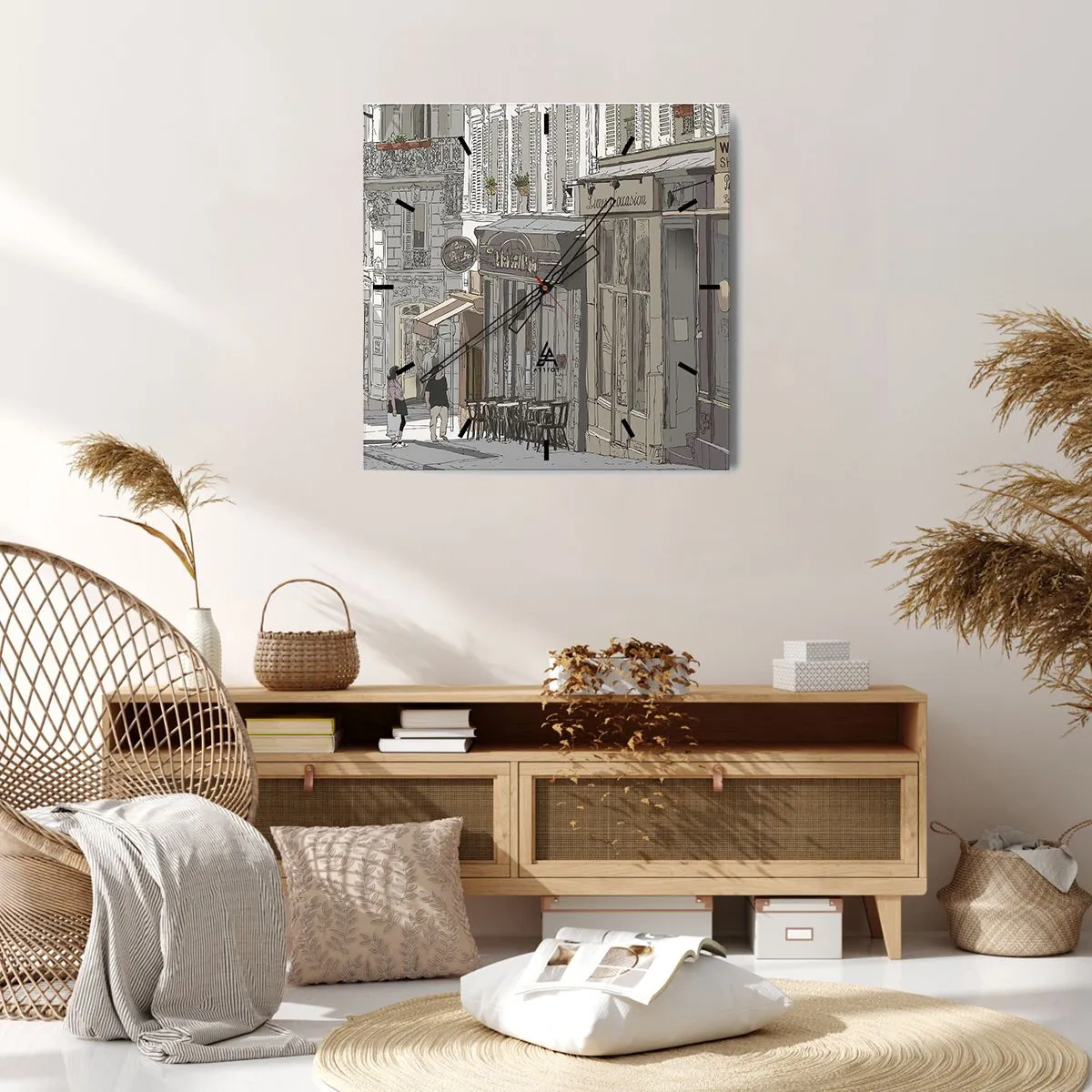 Orologio da parete - Orologio in Vetro - Illustrazione di una strada cittadina con caffè e negozi - 30x30cm - Gioie cittadine - Decorazione murale moderna per soggiorno e camera da letto ARTTOR