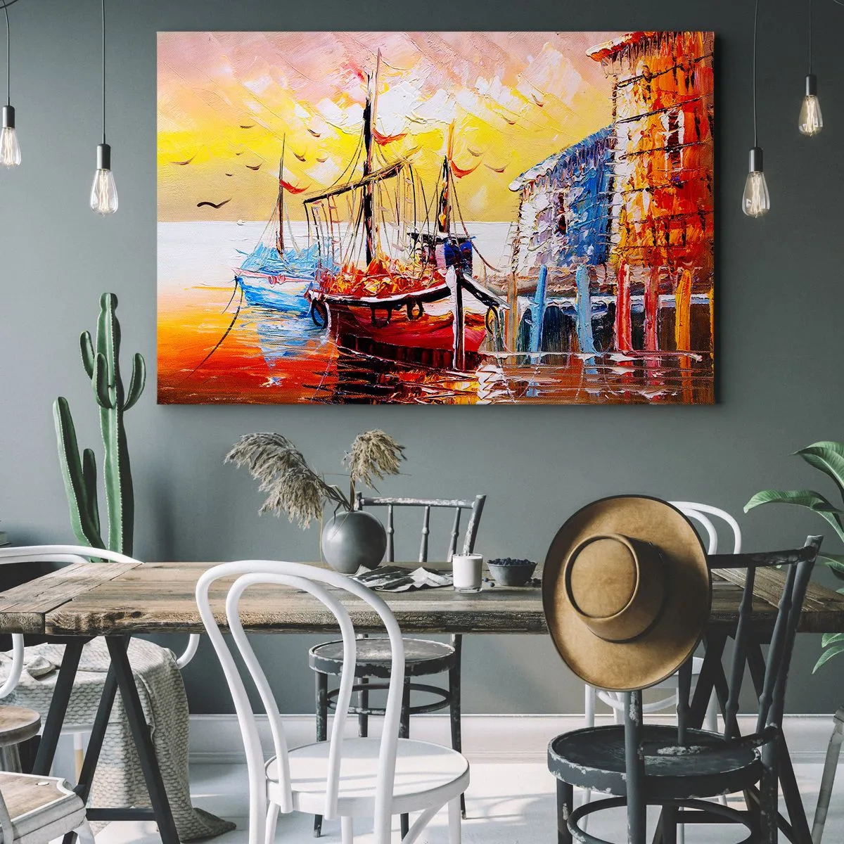 Quadro su tela - Stampe su Tela - Pittoresco porto al tramonto con barche da pesca - 70x50cm - Ritorno felice - Decorazione murale moderna per soggiorno e camera da letto ARTTOR