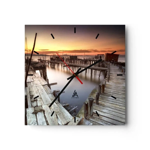 Orologio da parete - Orologio in Vetro - Pontili in legno su acque calme al tramonto - 30x30cm - Autentico, non una finzione turistica - Decorazione murale moderna per soggiorno e camera da letto ARTTOR