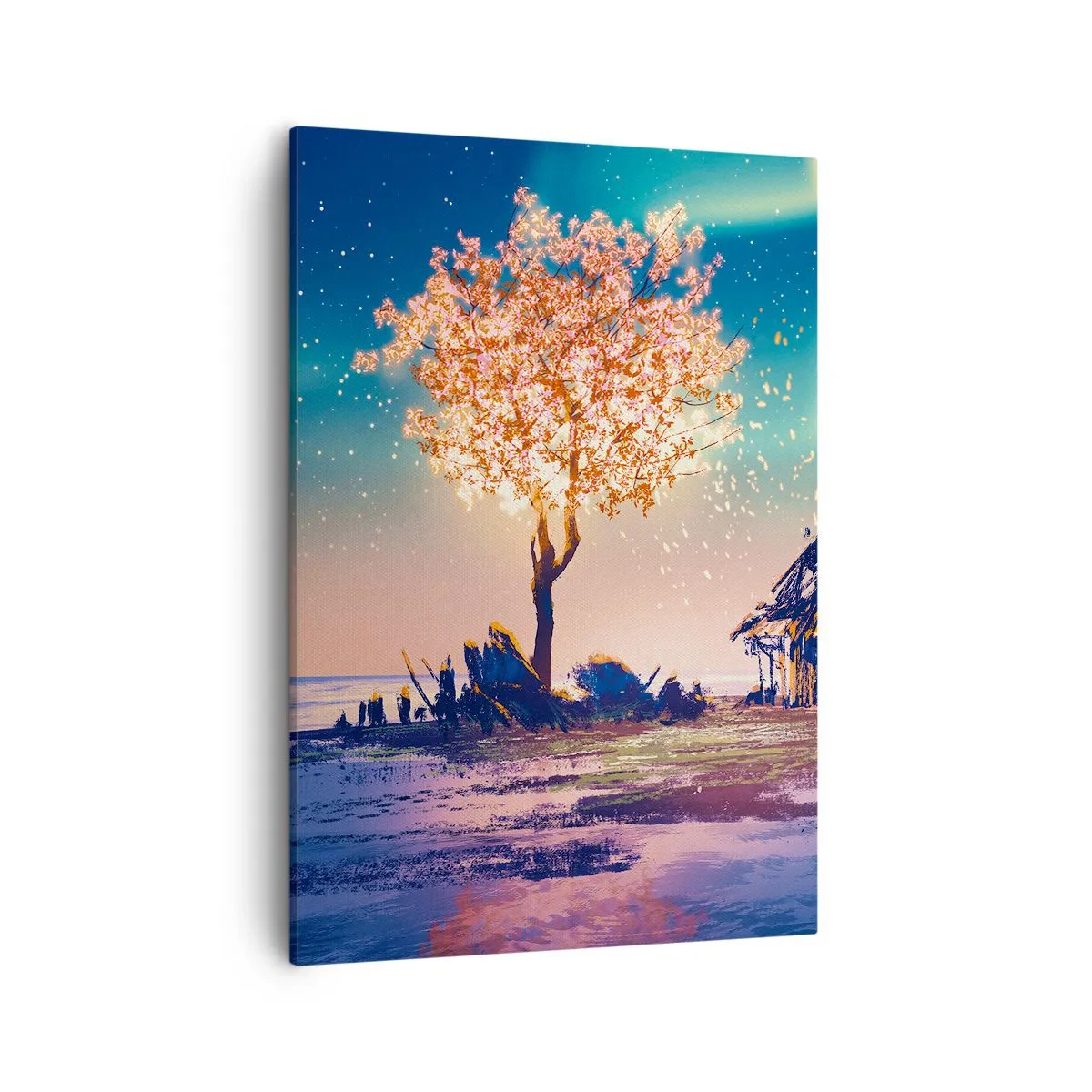 Quadro su tela - Stampe su Tela - Una casa e un albero in fiore sotto il cielo notturno - 50x70cm - La natura non passa - Decorazione murale moderna per soggiorno e camera da letto ARTTOR