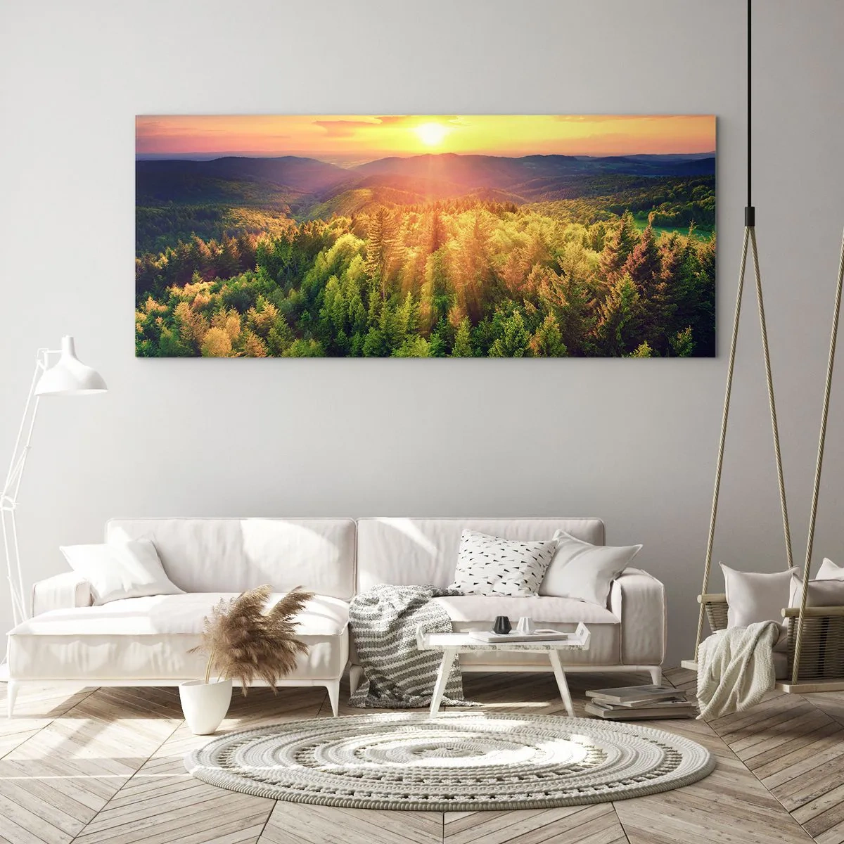 Quadro su vetro - Paesaggio forestale con tramonto sulle colline - 120x50cm - Vette e cime - Decorazione murale moderna per soggiorno e camera da letto ARTTOR