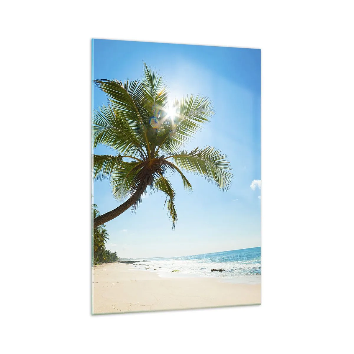 Quadro su vetro - Una spiaggia con palme in un paesaggio tropicale - 70x100cm - Non farlo vedere a nessuno - Decorazione murale moderna per soggiorno e camera da letto ARTTOR