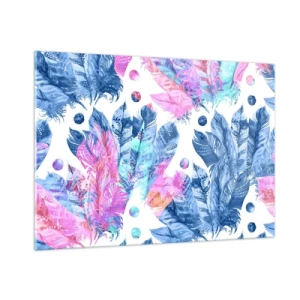 Quadro su vetro - Piume colorate nelle tonalità del rosa e del blu su sfondo bianco - 100x70cm - Pennacchi in rosa e blu - Decorazione murale moderna per soggiorno e camera da letto ARTTOR