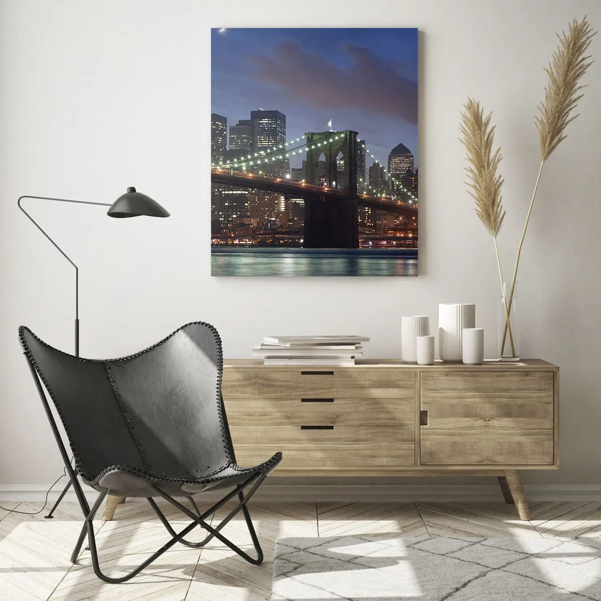 Quadro su vetro - Ponte di New York City di notte con edifici illuminati - 80x120cm - Notte illuminata - Decorazione murale moderna per soggiorno e camera da letto ARTTOR
