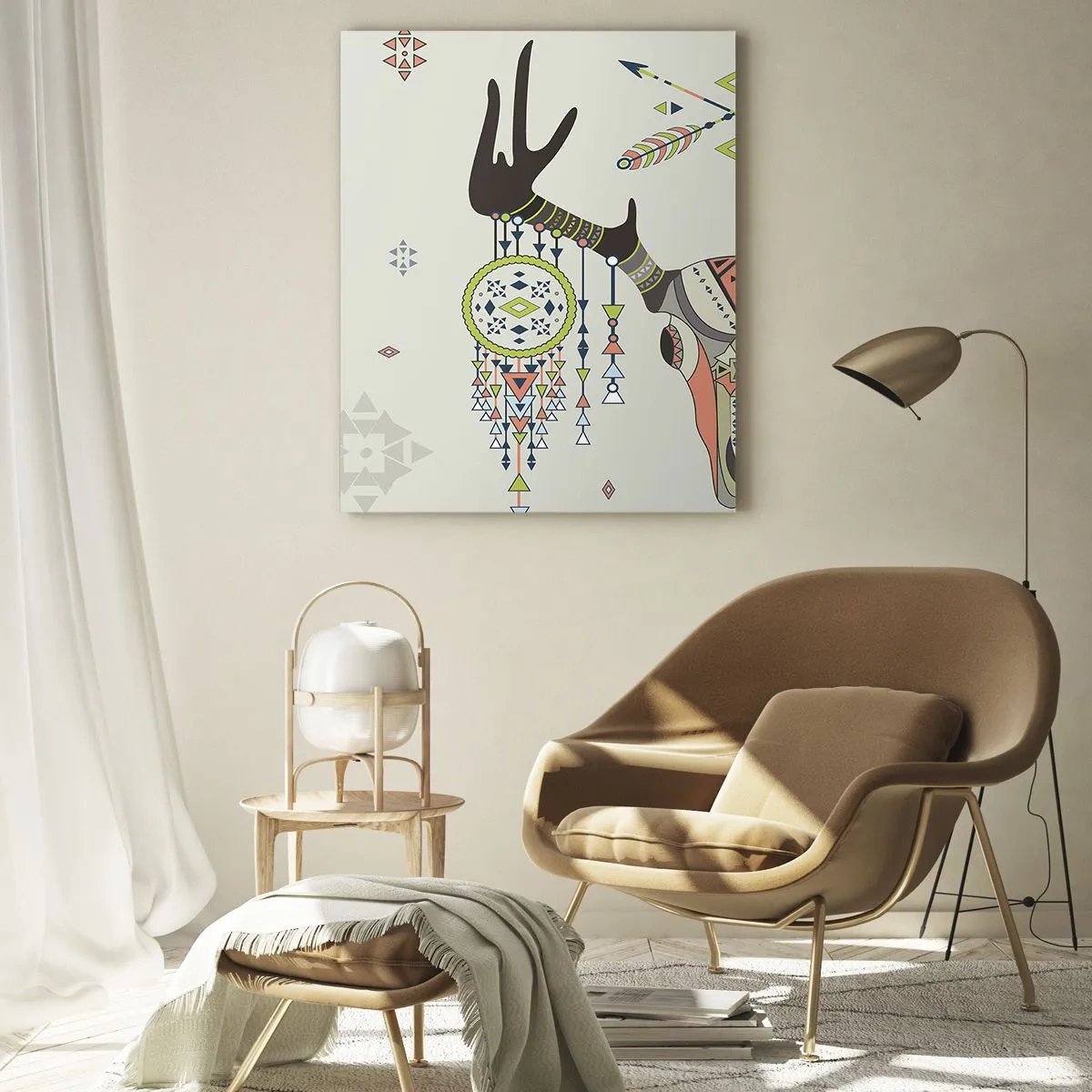 Quadro su vetro - Decorazione boho con teschio di cervo e acchiappasogni - 80x120cm - Il trofeo del cacciatore indiano - Decorazione murale moderna per soggiorno e camera da letto ARTTOR