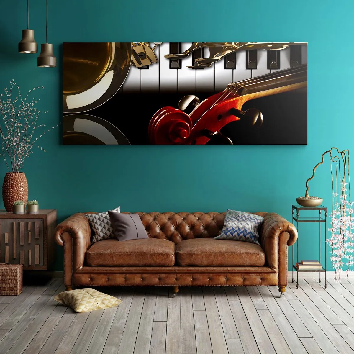Quadro su tela - Stampe su Tela - Un sassofono dorato, tasti di pianoforte e un violino rosso - 140x50cm - Metallo, legno e avorio - Decorazione murale moderna per soggiorno e camera da letto ARTTOR
