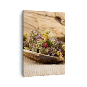 Quadro su tela - Stampe su Tela - Erbe essiccate in un cucchiaio di legno su uno sfondo di legno naturale - 50x70cm - Fiori colorati ed erbe odorose - Decorazione murale moderna per soggiorno e camera da letto ARTTOR