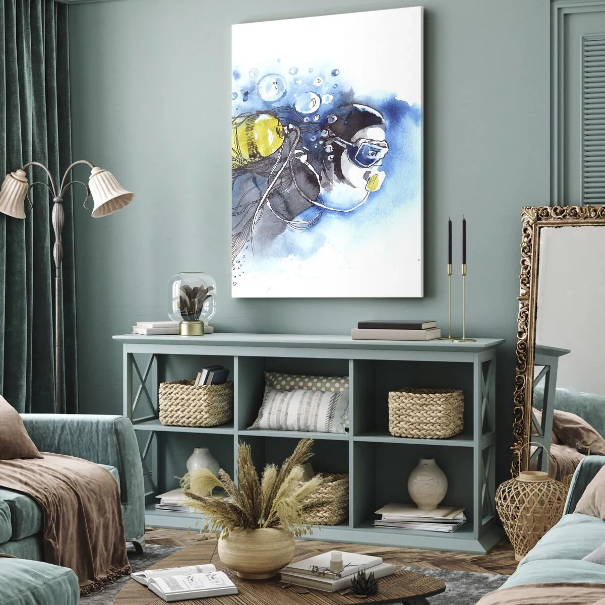 Quadro su tela - Stampe su Tela - Scena subacquea con un subacqueo e pesci esotici - 70x100cm - Il grande blu - Decorazione murale moderna per soggiorno e camera da letto ARTTOR