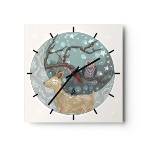 Orologio da parete - Orologio in Vetro - Un cervo e un gufo in un paesaggio notturno da favola - 30x30cm - Notte fiabesca nel bosco - Decorazione murale moderna per soggiorno e camera da letto ARTTOR