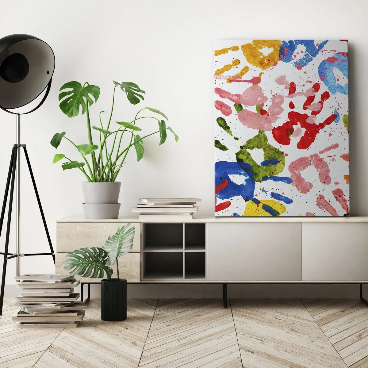 Quadro su tela - Stampe su Tela - Impronte di mani colorate su sfondo bianco - 50x70cm - Segui le tracce - Decorazione murale moderna per soggiorno e camera da letto ARTTOR