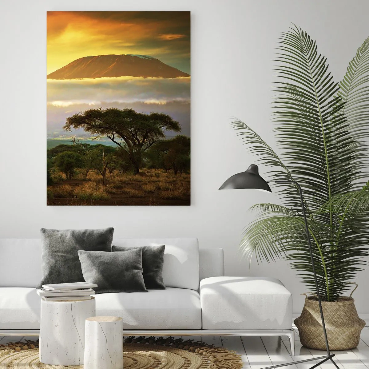 Quadro su vetro - Paesaggio africano con il Kilimangiaro all'alba - 70x100cm - Il sogno del viaggiatore - Decorazione murale moderna per soggiorno e camera da letto ARTTOR