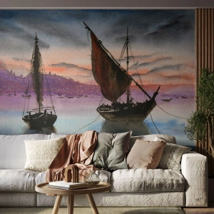 Fotomurali Premium Canvas - Due velieri ormeggiati in acque calme al tramonto - 100x70cm - La sera nel porto - Decorazione murale moderna per soggiorno e camera da letto ARTTOR