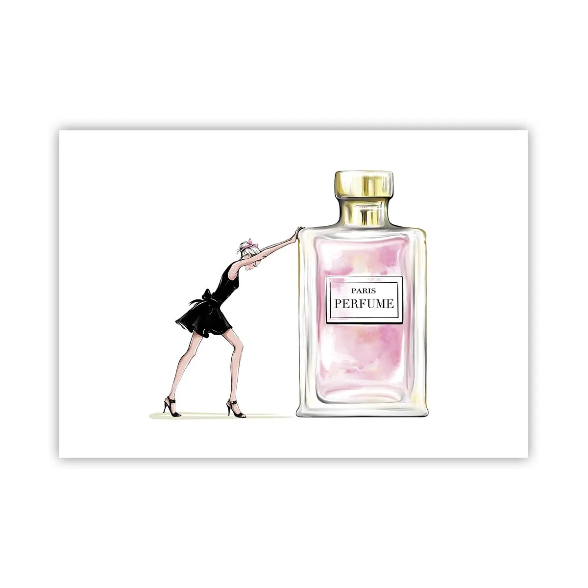 Poster - Una donna in abito nero accanto a una bottiglia di profumo - 100x70cm - L'essenza della femminilità - Decorazione murale moderna per soggiorno e camera da letto ARTTOR