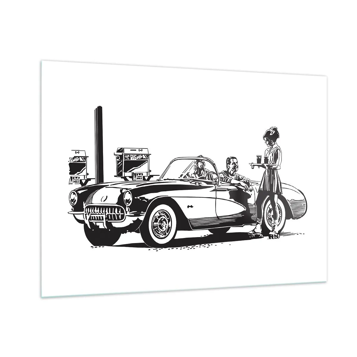 Quadro su vetro - Grafica creativa con un'auto classica e personaggi - 100x70cm - Anni '60: l'America spensierata - Decorazione murale moderna per soggiorno e camera da letto ARTTOR