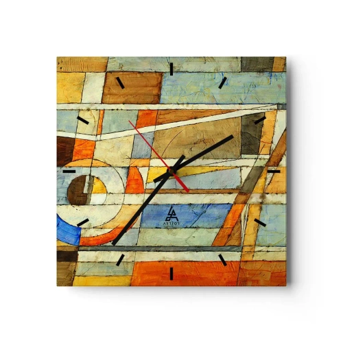 Orologio da parete - Orologio in Vetro - Astrazione geometrica nei toni del beige, blu e arancione - 30x30cm - Cubismo in cantiere - Decorazione murale moderna per soggiorno e camera da letto ARTTOR