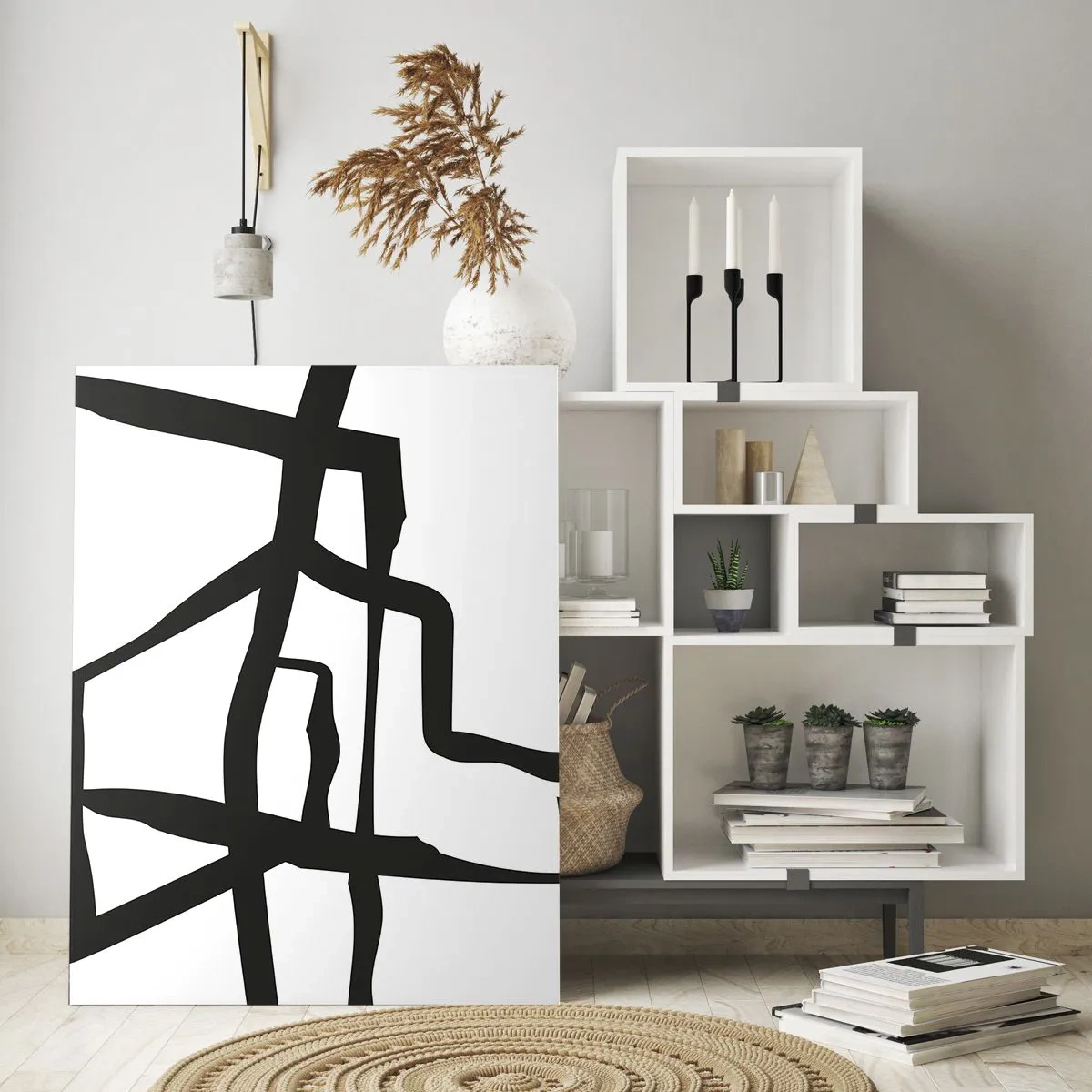 Quadro su vetro - Una struttura astratta in bianco e nero che ricorda un tracciato urbano. - 50x70cm - Struttura bianca e nera - Decorazione murale moderna per soggiorno e camera da letto ARTTOR