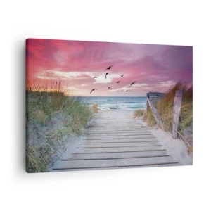 Quadro su tela - Stampe su Tela - Sentiero in legno sulla spiaggia al tramonto rosa - 70x50cm - Impressioni baltiche - Decorazione murale moderna per soggiorno e camera da letto ARTTOR