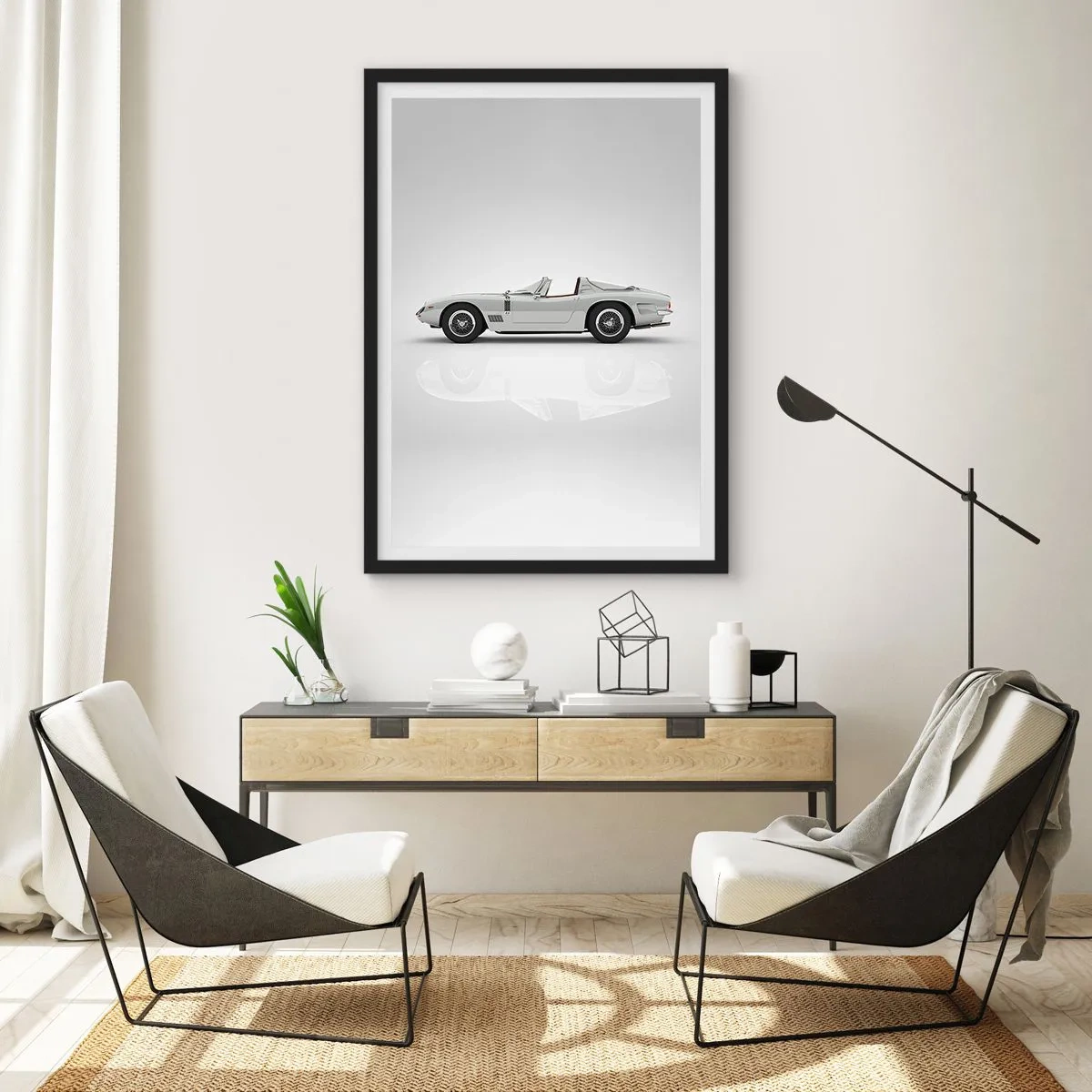 Poster in cornice nera - Classica decappottabile bianca su sfondo neutro - 50x70cm - Promessa di divertimento - Decorazione murale moderna per soggiorno e camera da letto ARTTOR