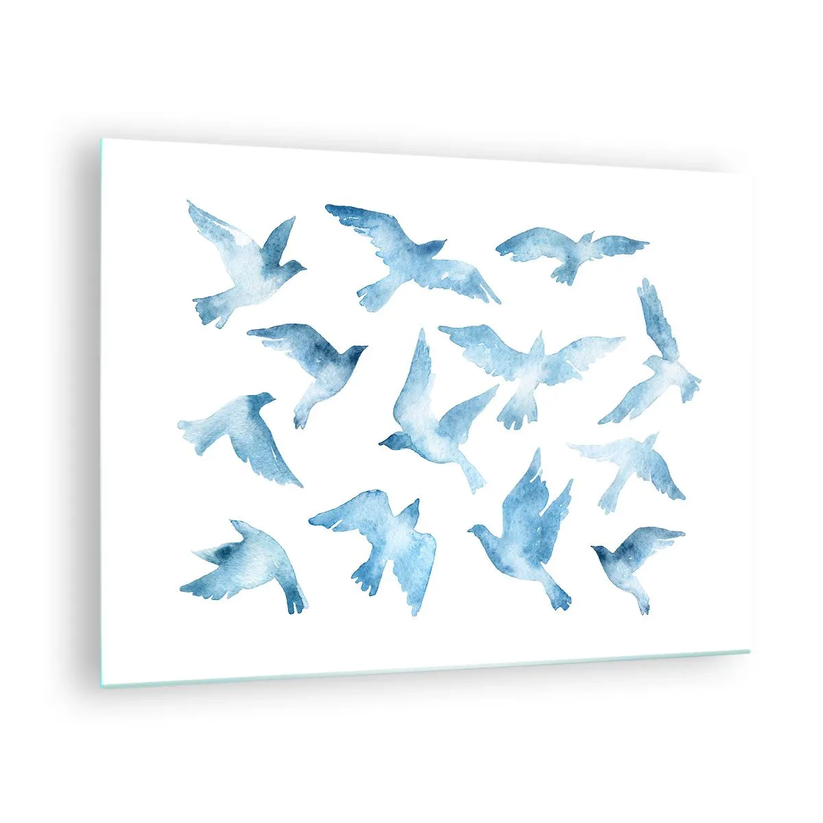 Quadro su vetro - Illustrazione di uccelli blu su sfondo bianco - 70x50cm - Uccelli del cielo - Decorazione murale moderna per soggiorno e camera da letto ARTTOR