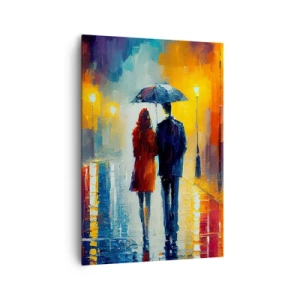 Quadro su tela - Stampe su Tela - Una coppia sotto un ombrello che cammina attraverso una colorata città notturna - 70x100cm - Insieme la notte è colorata - Decorazione murale moderna per soggiorno e camera da letto ARTTOR