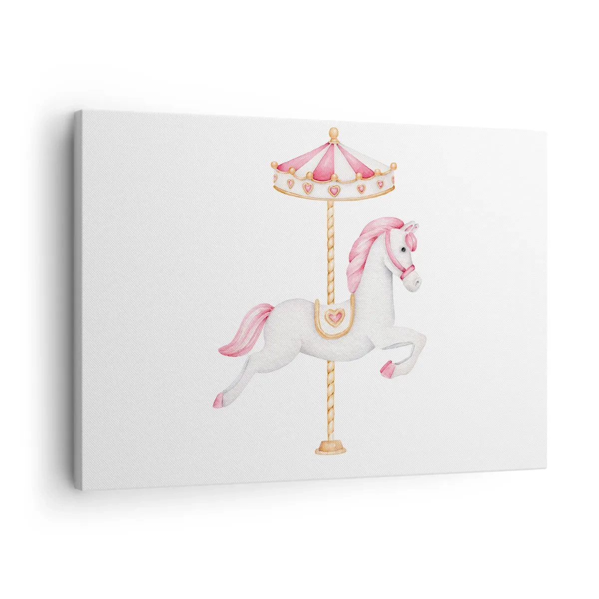 Quadro su tela - Stampe su Tela - Un cavallo da giostra nei toni pastello del rosa - 70x50cm - Partito al galoppo. - Decorazione murale moderna per soggiorno e camera da letto ARTTOR