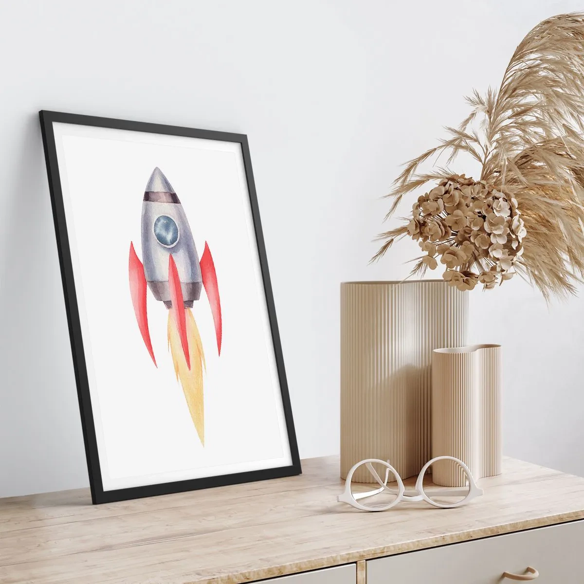 Poster in cornice nera - Razzo spaziale in stile acquerello - 50x70cm - Più in alto, più veloce, più lontano - Decorazione murale moderna per soggiorno e camera da letto ARTTOR