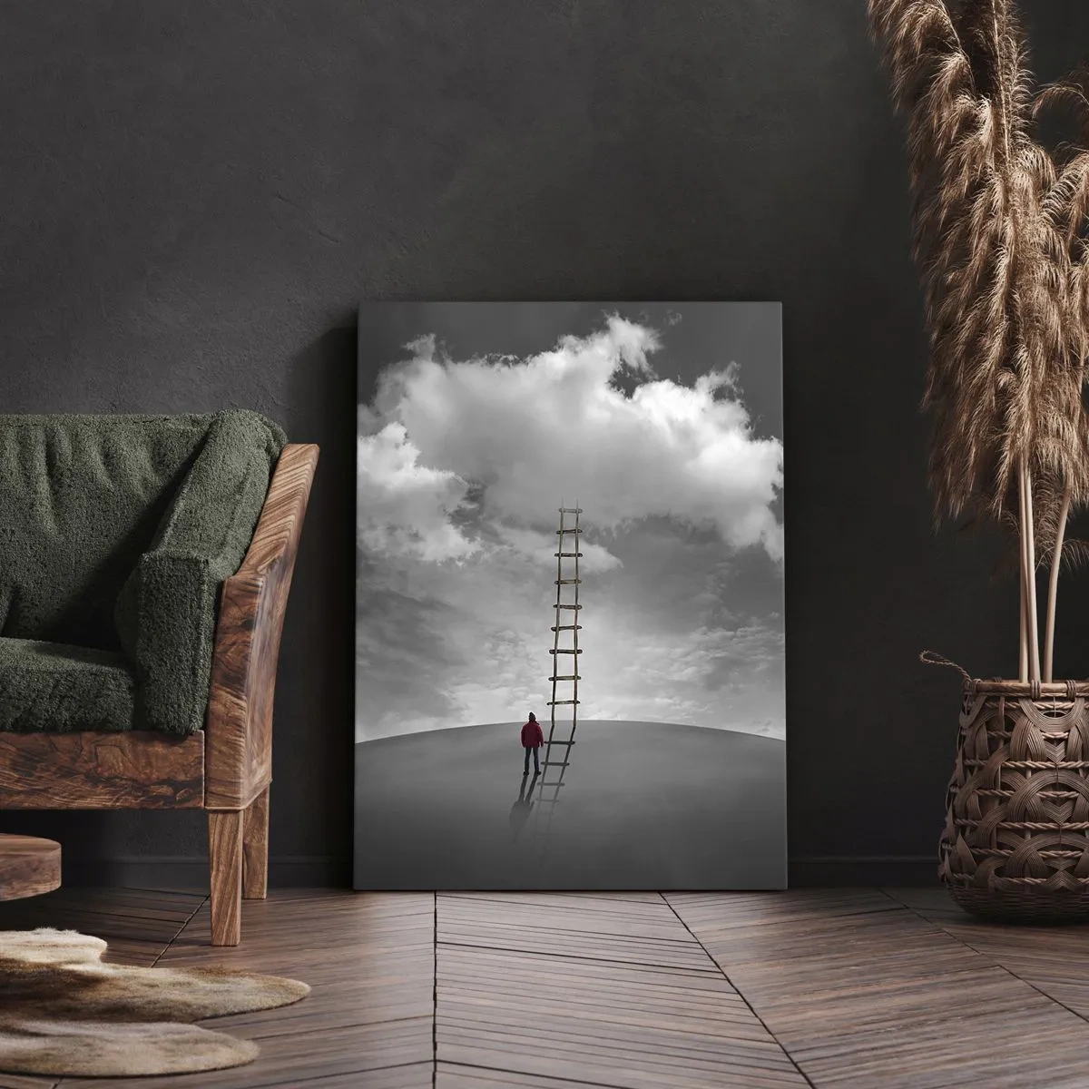 Quadro su tela - Stampe su Tela - Una persona con un cappotto rosso e una scala che porta a una nuvola - 50x70cm - Tutto è possibile - Decorazione murale moderna per soggiorno e camera da letto ARTTOR