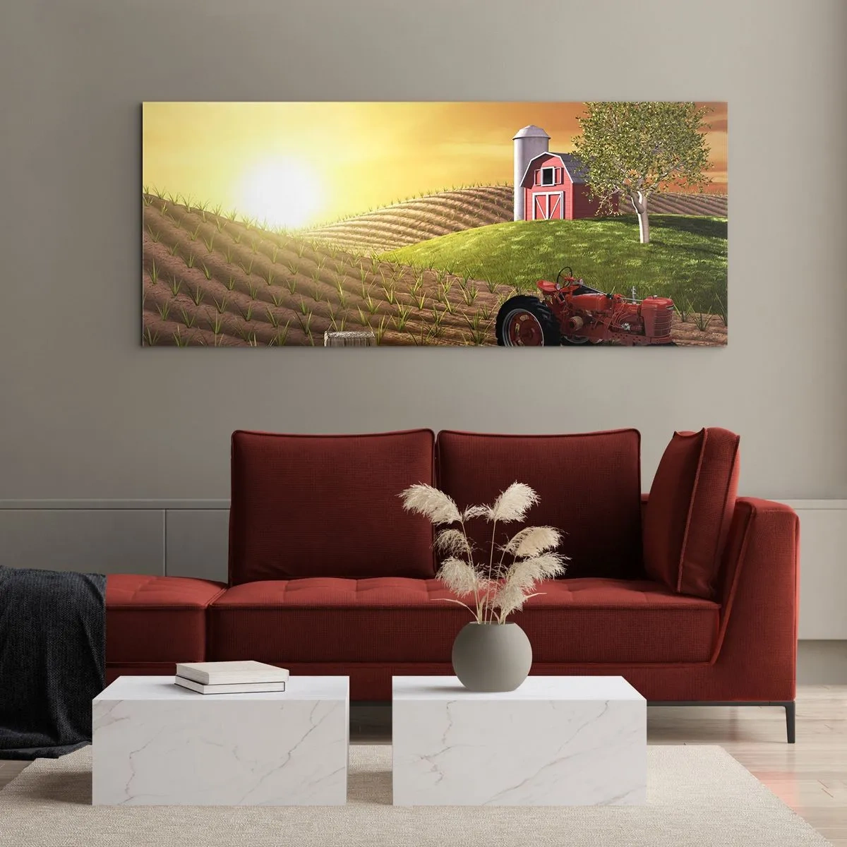 Quadro su vetro - Paesaggio rurale con un fienile rosso, un trattore e l'alba - 160x50cm - La fattoria delle favole - Decorazione murale moderna per soggiorno e camera da letto ARTTOR