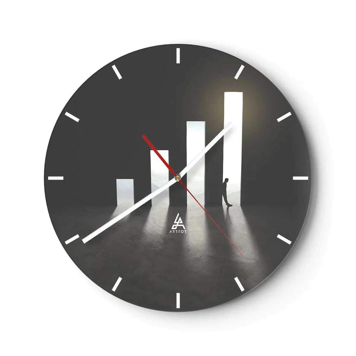 Orologio da parete - Orologio in Vetro - La sagoma di un uomo alla luce dei portali geometrici - 30x30cm - Successo - impressione - Decorazione murale moderna per soggiorno, cucina e camera da letto ARTTOR