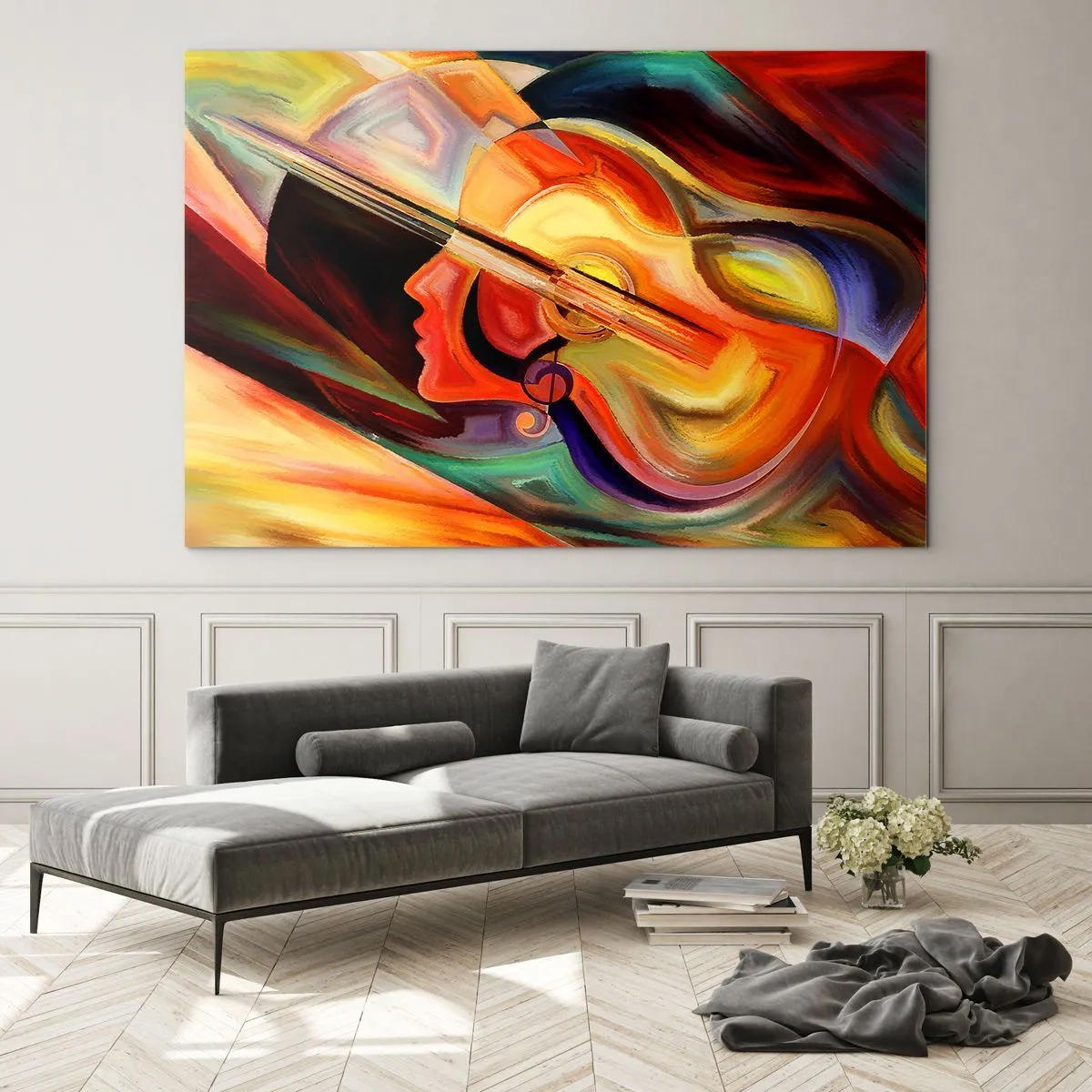 Quadro su vetro - Ritratto astratto con una chitarra e note musicali sullo sfondo - 100x70cm - L'armonia dei suoni - Decorazione murale moderna per soggiorno e camera da letto ARTTOR