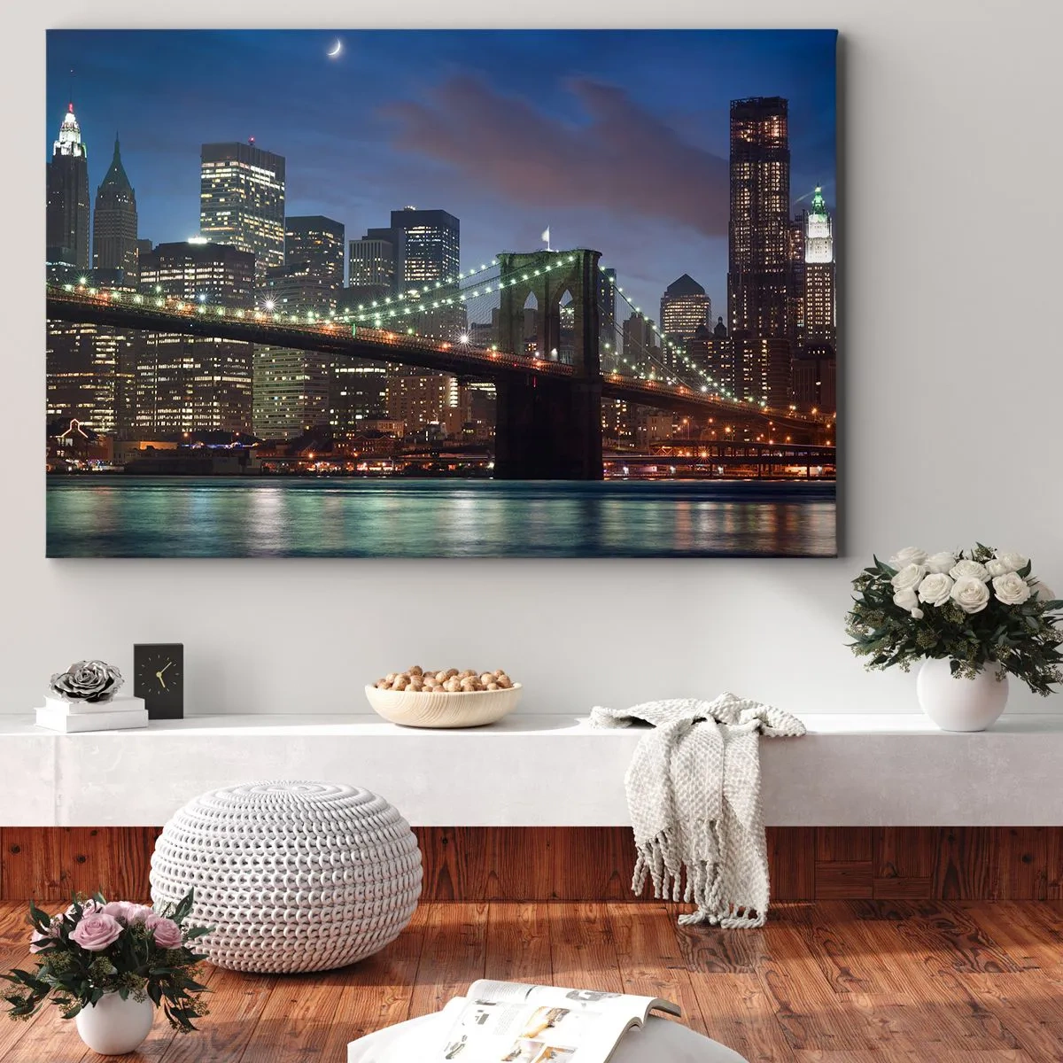 Quadro su tela - Stampe su Tela - Ponte di New York City di notte con edifici illuminati - 100x70cm - Notte illuminata - Decorazione murale moderna per soggiorno e camera da letto ARTTOR