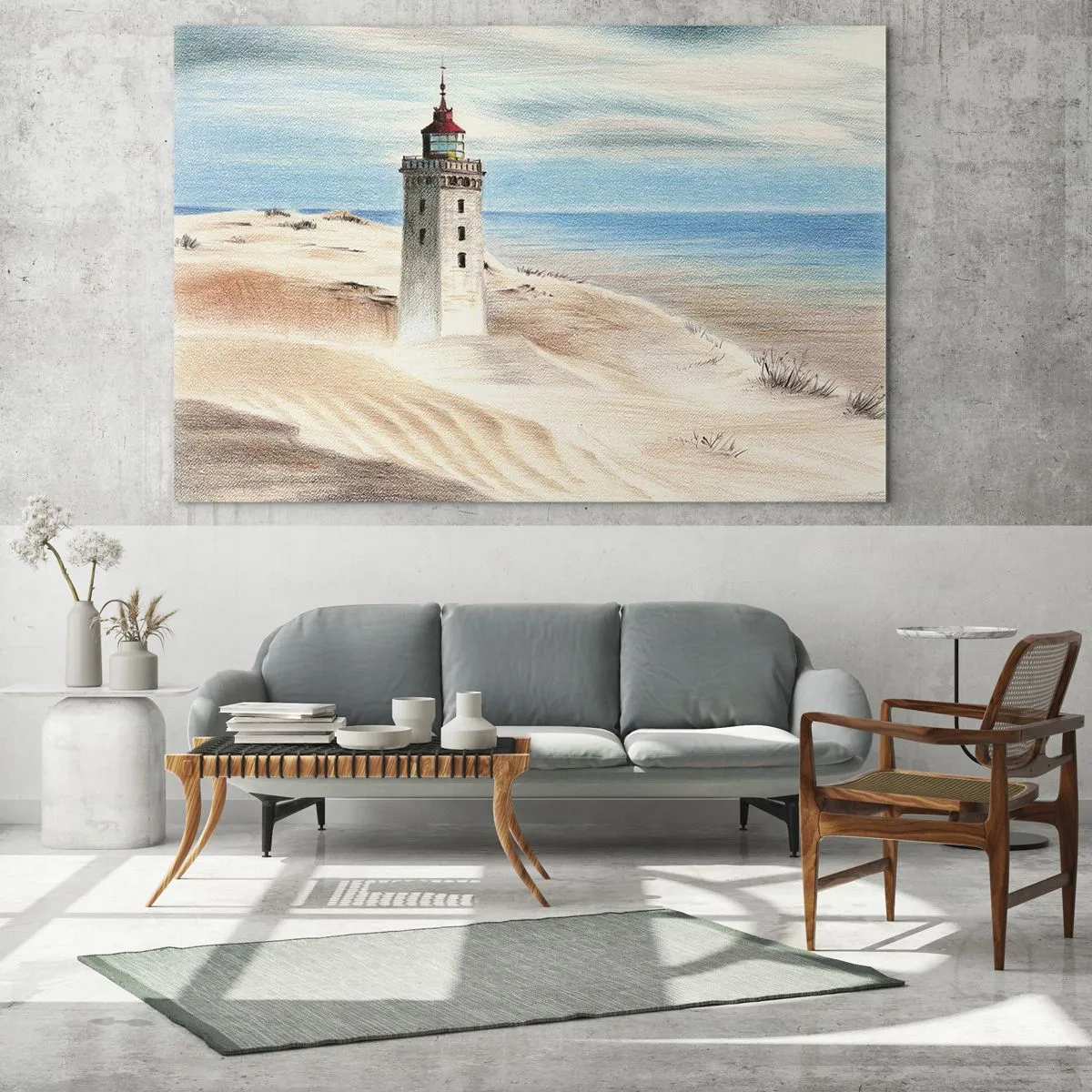 Quadro su vetro - Un faro su una duna del deserto vicino a un mare calmo - 70x50cm - Sempre guardando il mare - Decorazione murale moderna per soggiorno e camera da letto ARTTOR