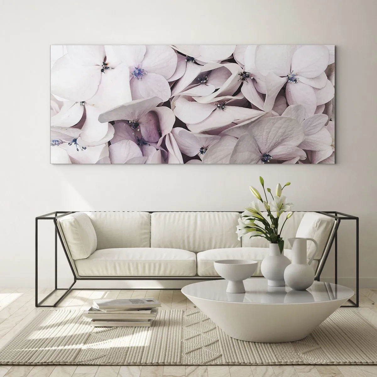 Quadro su vetro - Delicate ortensie bianche in tonalità pastello - 120x50cm - Un'alluvione di fiori - Decorazione murale moderna per soggiorno e camera da letto ARTTOR