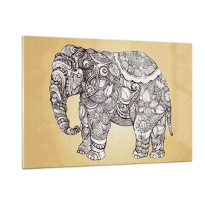 Quadro su vetro - Elefante bianco e nero con motivi orientali su sfondo beige - 120x80cm - L'elefante nascosto - Decorazione murale moderna per soggiorno e camera da letto ARTTOR