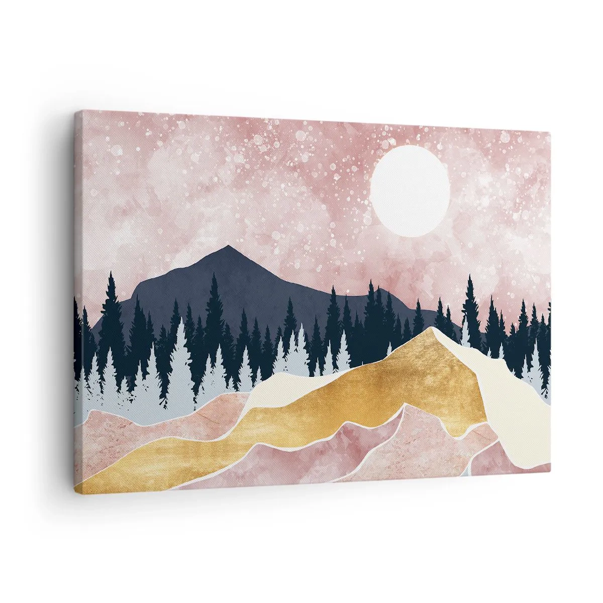 Quadro su tela - Stampe su Tela - Montagne colorate contro un cielo rosa con una luna - 70x50cm - Guardiano notturno - Decorazione murale moderna per soggiorno e camera da letto ARTTOR