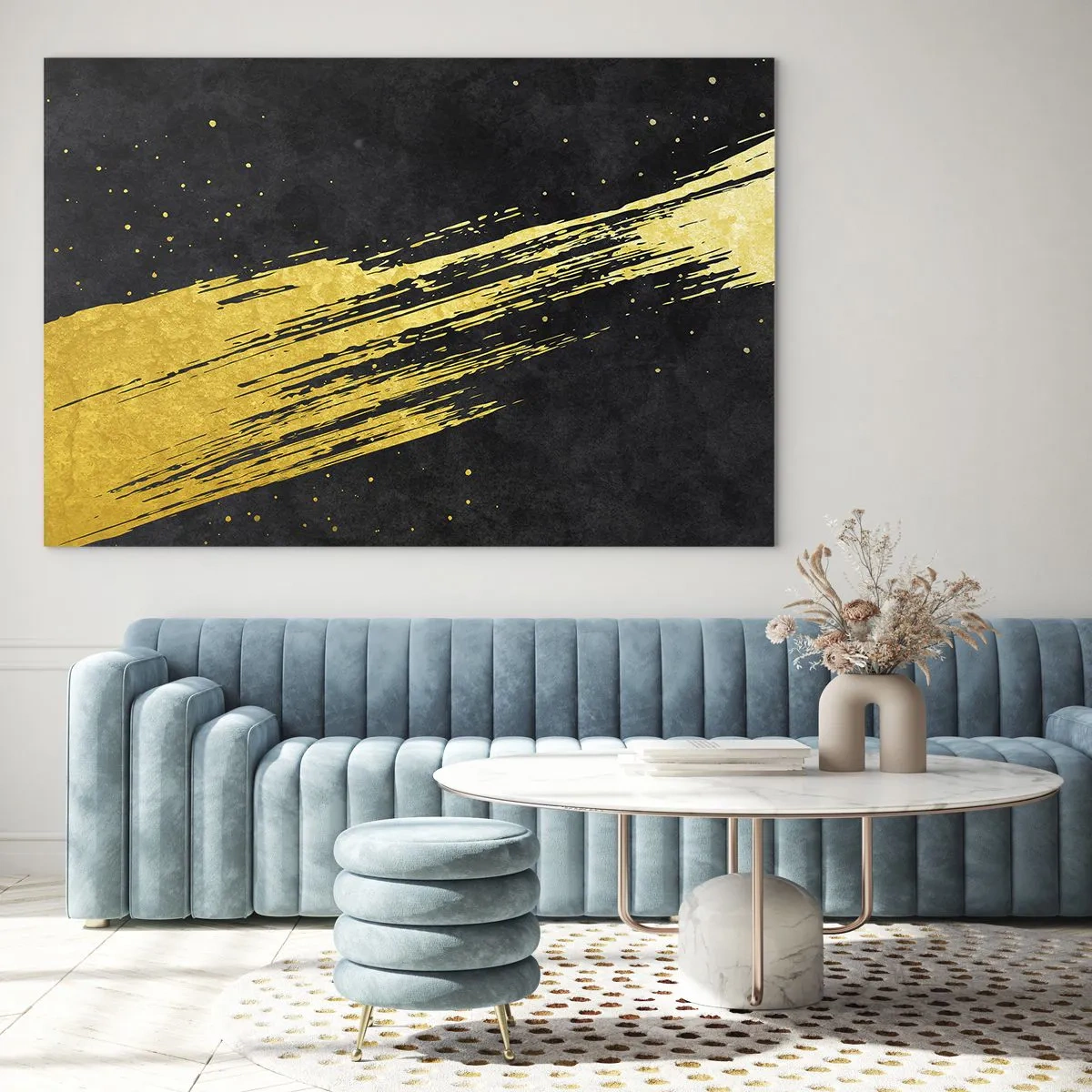 Quadro su vetro - Un pennello dorato su uno sfondo nero in una forma dinamica e astratta - 70x50cm - Salto nell'iperspazio - Decorazione murale moderna per soggiorno e camera da letto ARTTOR