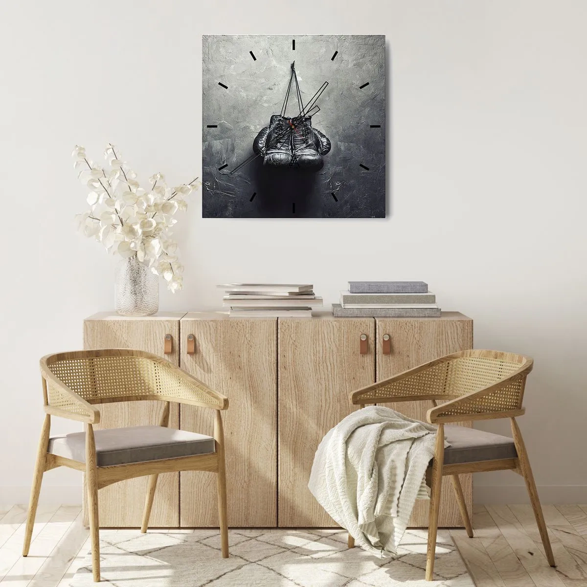 Orologio da parete - Orologio in Vetro - Vecchi guantoni da boxe contro il muro - 30x30cm - Tempo di lotte e tempo di pace - Decorazione murale moderna per soggiorno e camera da letto ARTTOR
