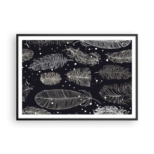 Poster in cornice nera - Delicate piume bianche su sfondo blu navy - 100x70cm - Pizzo piumato - Decorazione murale moderna per soggiorno e camera da letto ARTTOR