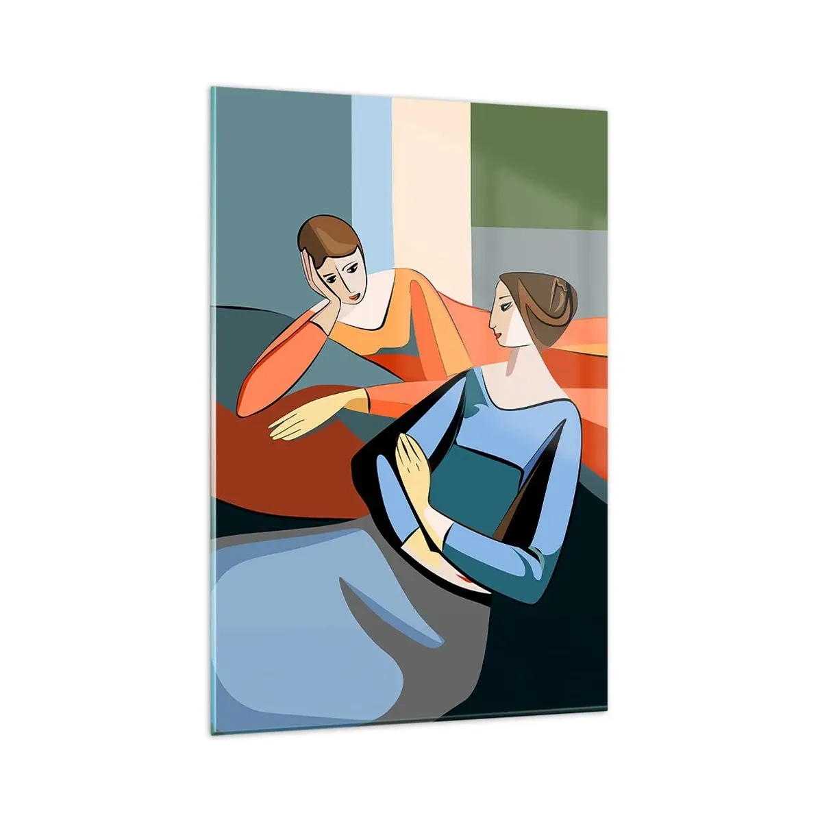 Quadro su vetro - Illustrazione astratta di due donne in stile cubista - 80x120cm - Il momento delle confidenze - Decorazione murale moderna per soggiorno e camera da letto ARTTOR