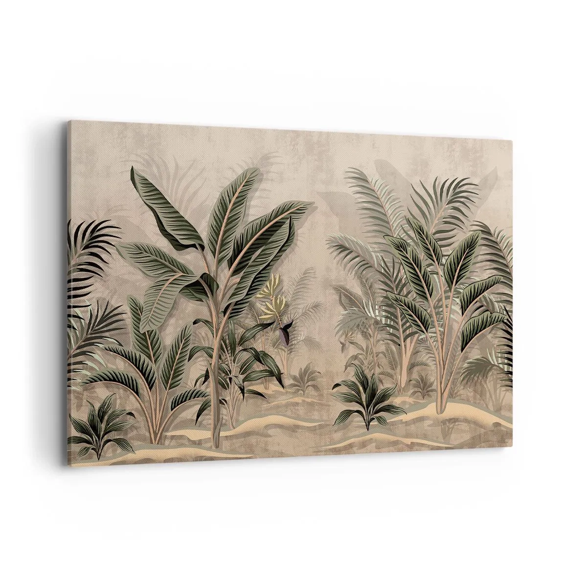 Quadro su tela - Stampe su Tela - Palme e vegetazione tropicale nei toni del verde su sfondo beige - 100x70cm - Incisione in stile coloniale - Decorazione murale moderna per soggiorno e camera da letto ARTTOR