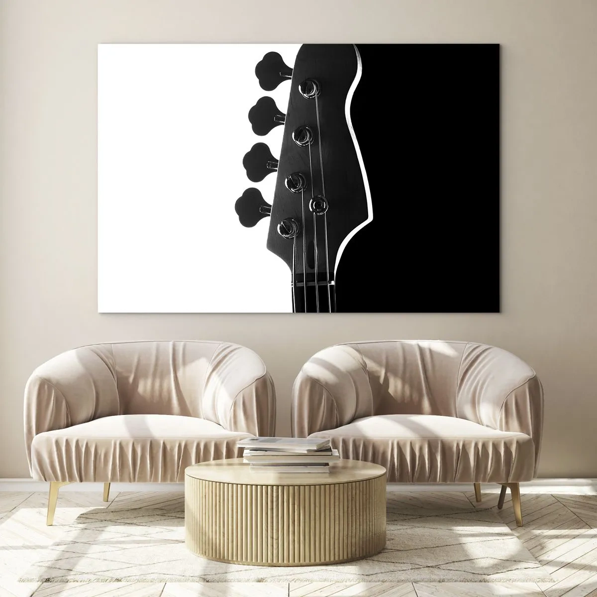 Quadro su vetro - Paletta per basso in bianco e nero con ombra - 120x80cm - Silenzio rock - Decorazione murale moderna per soggiorno e camera da letto ARTTOR