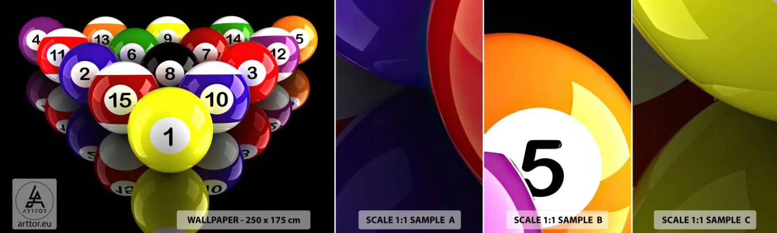 Campione Di Fotomurale Standard Eco - I diversi colori del gioco - Sport, Biliardo, Palle da biliardo - 100x30 cm