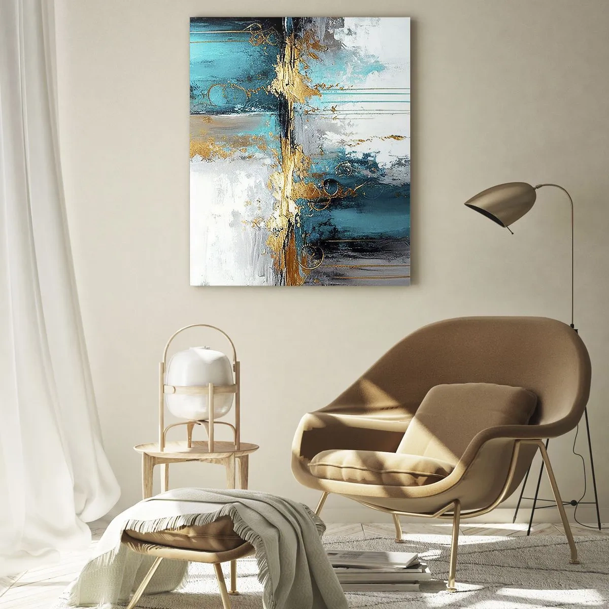 Quadro su vetro - Astrazione con turchese e oro su sfondo bianco - 50x70cm - Panta rei - Decorazione murale moderna per soggiorno e camera da letto ARTTOR